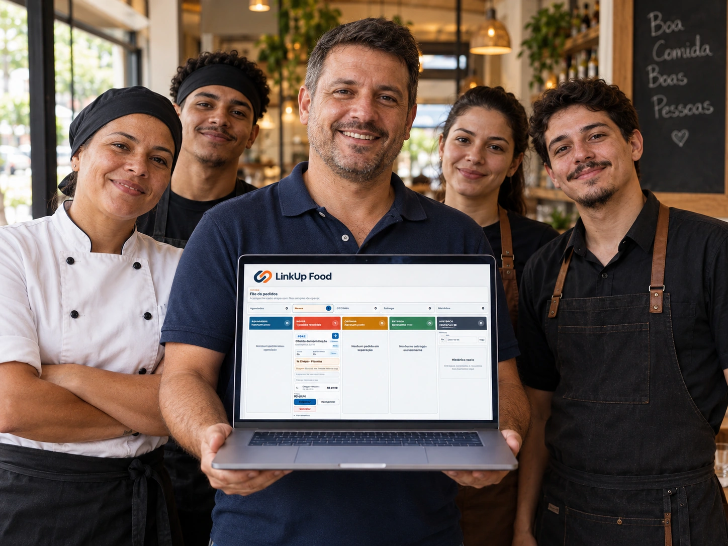 Equipe de restaurante com o proprietário apresentando a LinkUp Food em um notebook